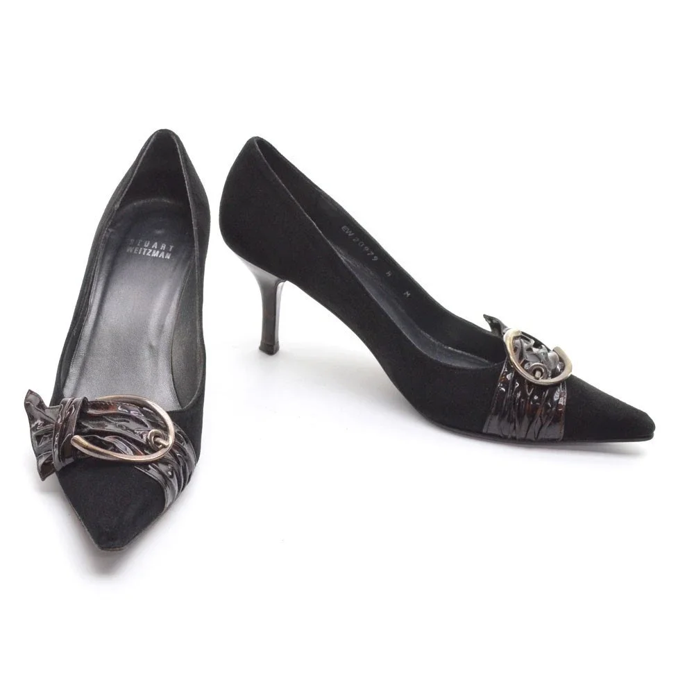 Stuart Weitzman Large Buckle Black Suede Pumps 8 M